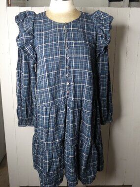 Madewell Women's L Avaya Mini Shirt Dress Blue Plaid Ruffle Neck $138 Cotton